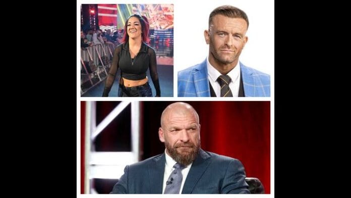 Bayley, Nick Aldis and Triple H Bayley, Nick Aldis and Triple H